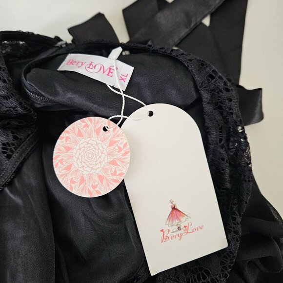 Womens XL Elegant Black Lace Cocktail Party Dress Satin Bow & Mesh Skirt A-Line - Picture 8 of 13